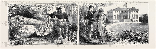 PRINCE LEOPOLD AT THE HOME OF HIS AFFIANCED BRIDE, TABLEAUX VIVANTS AT THE PALACE, AROLSEN: THE PRINCE AWAKENS BEAUTY (LEFT), "BEHOLD THAT CASTLE!" (RIGHT)