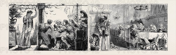 PRINCE LEOPOLD AT THE HOME OF HIS AFFIANCED BRIDE, TABLEAUX VIVANTS AT THE PALACE, AROLSEN: "THE BAD FAIRY ENTERS THE HALL, AND CURSES THE PRINCESS" (LEFT); A HUNDRED YEARS' SLEEP (RIGHT)