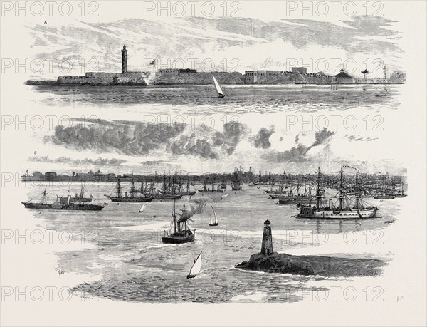THE CRISIS IN EGYPT, (A) THE FORTIFICATIONS OF ALEXANDRIA HARBOUR, (B) THE ALLIED SQUADRON IN HARBOUR AT ALEXANDRIA: 1. The Khedive's Yacht Maharoussa; 2. Greek Ironclad King George; 3. Greek Frigate Hellas; 4. Egyptian Frigate Mehemet Ali; 5. French Corvette Forbin; 6. British Gun Vessel Bittern; 7. British Ironclad Invincible; 8. French Gunboat Aspic; 9. French Ironclad La GalissoniÃ¨re; 10. Egyptian Transports Masr and Garbieli; 11. Khedive's Palace and Harem; 12. Merchant Sailing Vessels