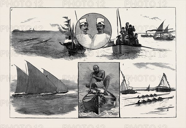 A REGATTA AT BOMBAY: 1. The Final Heat for the Champion Sculls; 2. Maharatta Fishermen (Hindoos); 3. Steam-Launch Race; 4. The Competition for the Royal Bombay Yacht Club; 5. The Winner of the Canoe-Race; 6. Bombay versus Poonah: Four-Oared Race