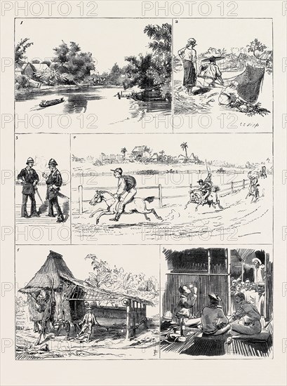 ROUND THE WORLD YACHTING IN THE "CEYLON," MANILA: 1. A River Scene; 2. Natives Fishing; 3. Military Occupation; 4. Races; 5. Native Hut; 6. Camping Out