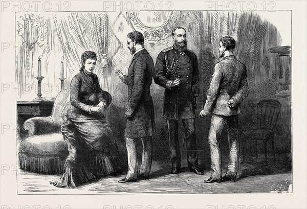 THE LOSS OF THE "JEANNETTE:" RECEPTION OF LIEUTENANT DANENHOWER AND DR. NEWCOMB BY THE CZAR OF RUSSIA AT GATSCHINA; The Czarina, Lieutenant Danenhower, The Czar, Dr. Newcomb