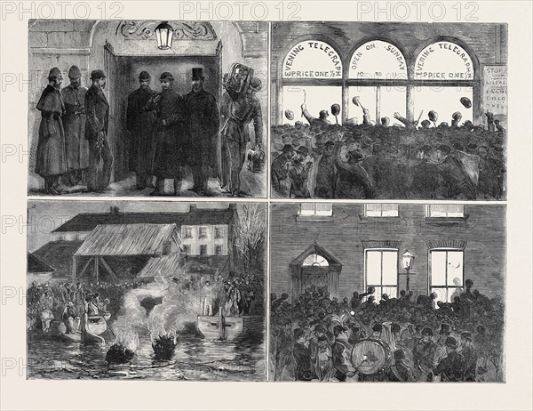 THE RELEASE OF THE "SUSPECTS": POPULAR REJOICINGS IN DUBLIN: 1. Messrs. Parnell, Dillon, and O'Kelly Leaving Kilmainham Gaol; 2. Outside the Evening Telegraph Office: First Confirmation of the News; 3. Lighting Tar-Barrels in Portobello Canal Harbour; 4. Bands Serenading Outside Mr. Dillon's House, North Great George Street