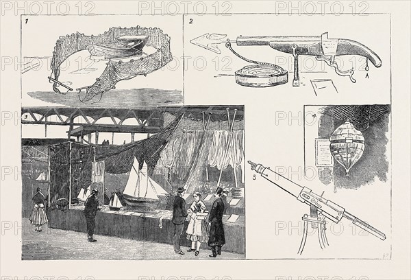 THE INTERNATIONAL FISHERIES EXHIBITION AT EDINBURGH: 1. Model of a Coble, and a Weir Shot Net used in the Tweed Salmon Fisheries; 2. Henry's Breechloading Harpoon Gun (Gold Medal); 3. Newhaven Fishwives Selling Catalogues; 4. Life-Saving Balloon for Communicating Between Stranded Vessels and the Shore; 5. Life-Line Throwing Gun (Gold Medal)