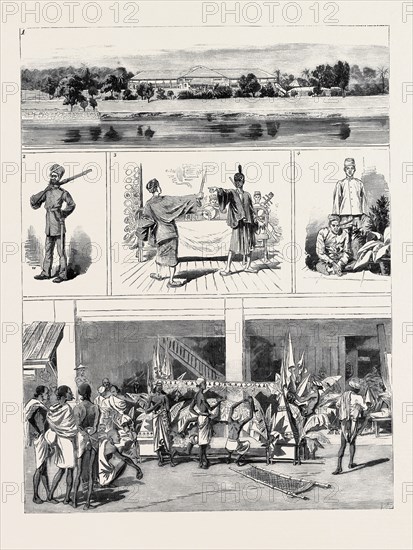 ROUND THE WORLD YACHTING IN THE "CEYLON," SINGAPORE: 1. The "Estana" of the Maharajah of Johore; 2. Body-guard of the Maharajah of Johore; 3. Malay Actors; 4. Butler and Attendant; 5. A Kling Funeral: Preparing the Bier