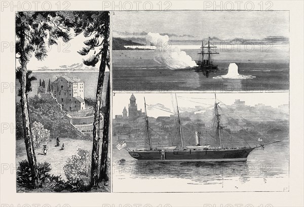 THE QUEEN AT MENTONE: 1. The Monastery of the Annunciation; 2. H.M.S. Inflexible in Harbour: "A Royal Salute"; 3. H.M. Gunboat Cygnet in the Harbour