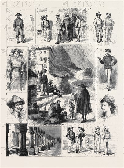 PALERMO: 1. A Gendarme; 2. "Excellenza, this Village is Suspish." "Confound it, how do they know I'm English?"; 3, 5, 7, 8. Types of the Natives; 4. A Holiday Costume; 6. A Mountain Road; 9. Cloisters and Sacred Fountain, Monreale, near Palermo; 10. Giovanni to Guiseppe: "Strange fish, these English." John to Joe: "Rum beggars, these I-talions."
