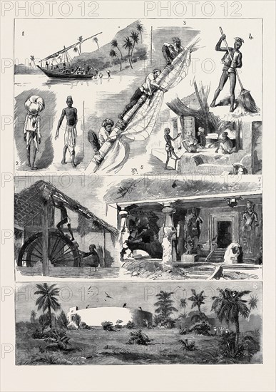 ROUND THE WORLD YACHTING IN THE "CEYLON," BOMBAY: 1. A Native Boat; 2 & 4. Bombay Types; 3. Reefing a Lateen Sail; 5. A Fakeer in a Holy Brahmin Village; 6. A Treadwheel for Drawing Water; 7. Cave Temples at Elephanta; 8. A Parsee Tower of Silence