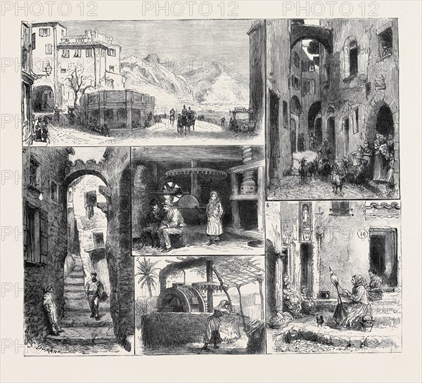 HER MAJESTY'S VISIT TO MENTONE: 1. The Fountain between the East and West Bays; 2. Rue Mattoni, Old Mentone; 3. The Oldest Street in Old Mentone; 4. Olive Mill at Grimaldi, Near Mentone; 5. A Wheel-Well at Bordighera; 6. Corner of the Rue de la CÃƒÂ´te, Old Mentone