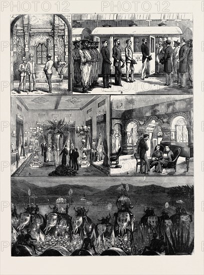 THE YOUNG PRINCES ON THEIR CRUISE: 1. Inner Door of the Maligawa, Buddhist Temple, Kandy, Ceylon; 2. Reception of the Young Princes at Kandy Railway Station, Ceylon; 3. Reception Room in the Palace of the Maharajah of Johore, near Singapore; 4. Apartment in the Old Palace, Kandy, Ceylon, Residence of the Ancient Kandyan Kings; 5. The Perehara: Parade of Sacred Elephants at Kandy, Ceylon