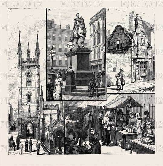 HULL: 1. St. Mary's Church; 2. Statue of King William the Third in the Market Place; 3. Old House, Dagger Lane; 4. The Market by the Church
