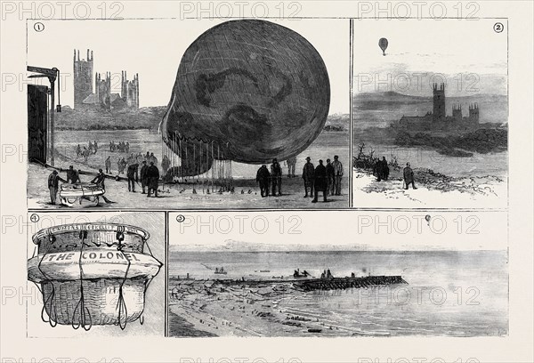 THE ATTEMPTED BALLOON VOYAGE ACROSS THE CHANNEL: 1. Inflating the Balloon; 2. The Start from Canterbury; 3. Passing over Folkestone; 4. The Car and its Lifebuoy