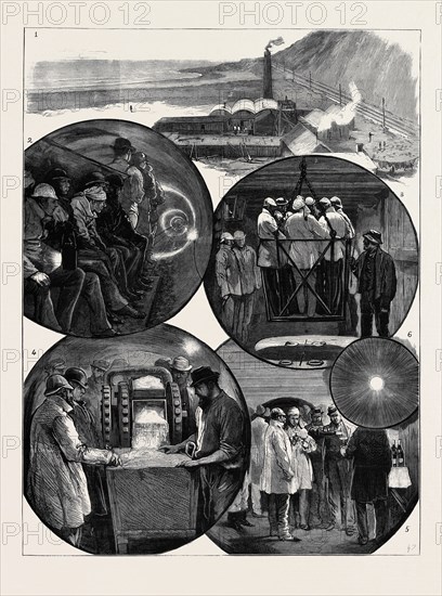 A VISIT TO THE CHANNEL TUNNEL: 1. View of the Surface Works at the Foot of Shakespeare's Cliff; 2. On the Tram-Car in the Tunnel; 3. Going Down in the Cage; 4. Inspecting the Boring Machine; 5. In theHalf-way Siding: "Refreshments"; 6. Boring Disc of the Compressed Air Engine