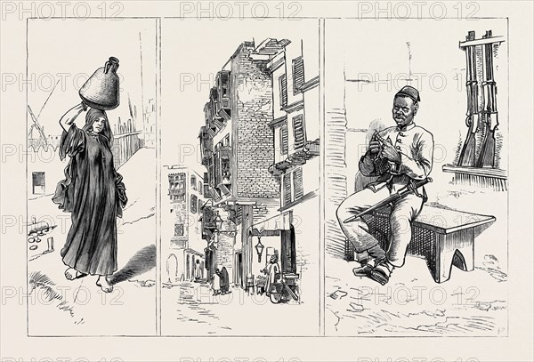 ROUND THE WORLD YACHTING IN THE "CEYLON", CAIRO, EGYPT: A WATER-CARRIER (LEFT); A STREET (CENTRE); A SOLDIER ON GUARD (RIGHT)