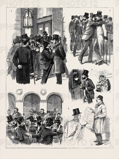 THE FINANCIAL CRISIS IN FRANCE, AT THE PARIS BOURSE: 1. Arrival of the First Quotations for English Consols from the London Stock Exchange; 2. Brokers in the Inner Circle: "A Confidential Communication."; 3. Buyers for Ready Money; 4. A Lady Speculator; 5. An Outside "BoursicotiÃƒÂ¨re."; 6. A Speculator from the Country; 7. The Newspaper Seller, the only Speculator who Runs no Risk