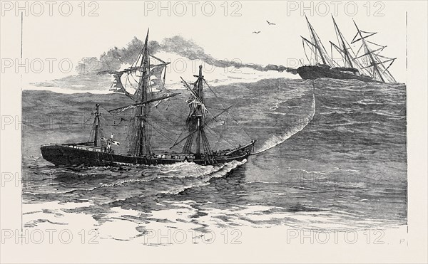 A DISASTER AT SEA: THE S.S. "PALMYRA" TOWING THE DERELICT BARQUE "NORTON" TOWARDS FALMOUTH