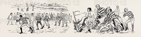 OUR GREAT FOOTBALL MATCH, "PELICANS" versus "PHANTOMS": "ARE YOU READY?" MR. DABSIE DETERMINED TO SPRINT (LEFT);  A TOUGH SCRIMMAGE, "GET YOUR HEADS LOW, 'PELICANS'" (RIGHT)