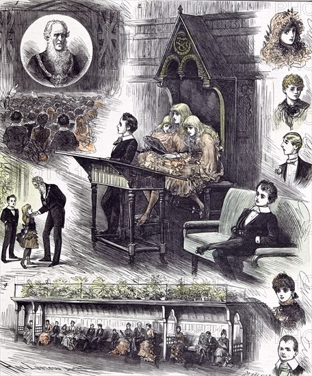 The mayor's  juvenile ball at the Manchester Townhall, 1882, happiness; joy; hat; happiness; joy; cheerful; joyful; joyous; merry; paradise; cheery; rosy; hop; mingle; reception; bal costume; laughter; fun; enjoyment; delight; entertaining; plants; bench;