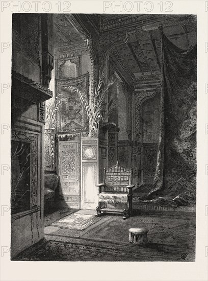 CHAMBER IN THE MUSAFFIR KHANA IN WHICH THE EX-KHEDIVE ISMAIL WAS BORN.
 Egypt, engraving 1879