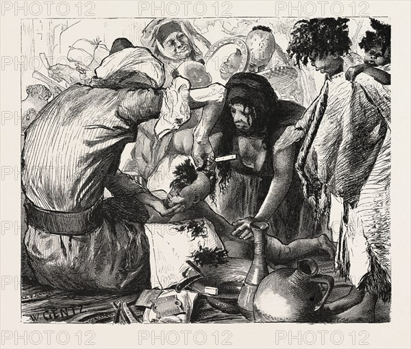 SHAVING SMALL BOYS IN CAIRO.  Egypt, engraving 1879