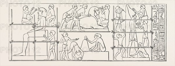 OLD EGYPTIAN REPRESENTATION OF THE MAKING OF TWO STATUES AND A SPHINX.  Egypt, engraving 1879