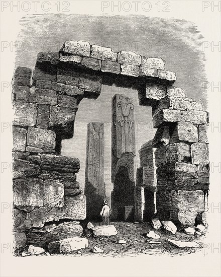 SCULPTURED PILLAR FROM THE TEMPLE OF KARNAK. Egypt, engraving 1879