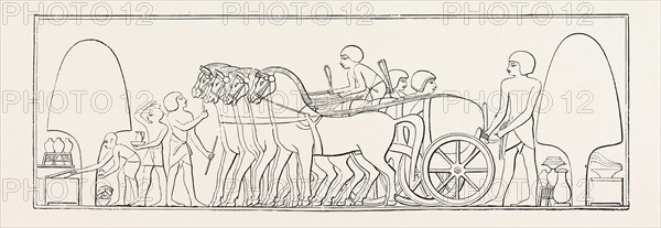 FOUR-HORSE CHARIOT OF A PRIVATE PERSON FROM ABD-EL-KURNAH. Egypt, engraving 1879