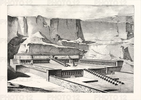 TEMPLE OF DEYR-EL-BAHREE, IMAGINARY RESTORATION, BY E. BRUNE. Egypt, engraving 1879