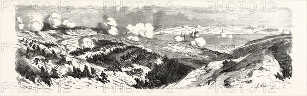 The two columns of attack of the Mayran division, on the extreme right (Case Malakoff) Soldiers (left) General Mayran injured  (center)  Columns of Zouaves 3rd Regiment, and Marines (center) Voltigeurs of the Guard, 2nd Battalion, Reserve Division Mayran (right). engraving 1855