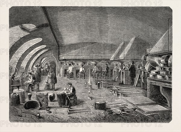 Manufacture of instruments. Establishment of M. Gautrot. Workshop welders and pavillonneurs. engraving 1855