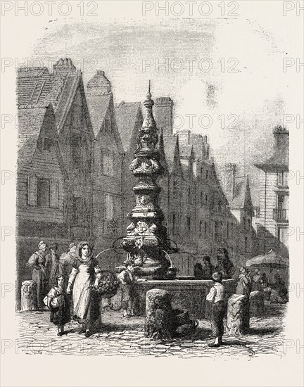 Fountain on the  grand marché in Tours, France. engraving 1855