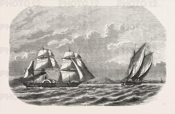 Hunting and taking the Menschikoff the Russian vessel, by the steam sloop Cocyle in the White Sea near Archangel, Russia. engraving 1855