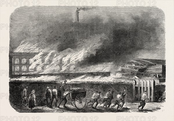 Spinning wool and silk factory in flames, M. Th Cheneviere, Elbeuf, France. Seine-Maritime, Haute-Normandie. engraving 1855