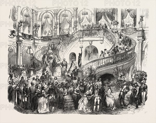 Decoration executed in the courtyard of the Town Hall for the ball given in honour of the Queen of England. engraving 1855