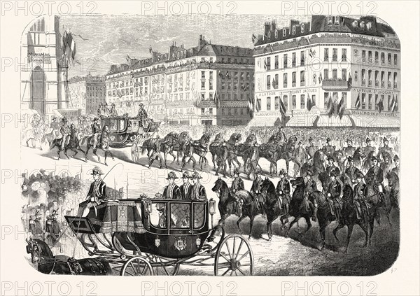 The imperial procession going to the Notre Dame, to attend the Te Deum sung in thanksgiving for the capture of Sevastopol. Paris, France. engraving 1855