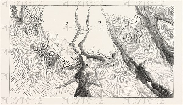 The Crimean War, 1855: PLAN OF THE ATTACK OF MALAKOFF 1. Redan Canage 2. Malakoff, or Korniloff 3. Redan English 4. bastion, or No. 4 Russian 5. Central Bastion, or No. 5. Russian 6. bastion Quarantine, or No. 6 Russian 7. batteries line joining. Engraving