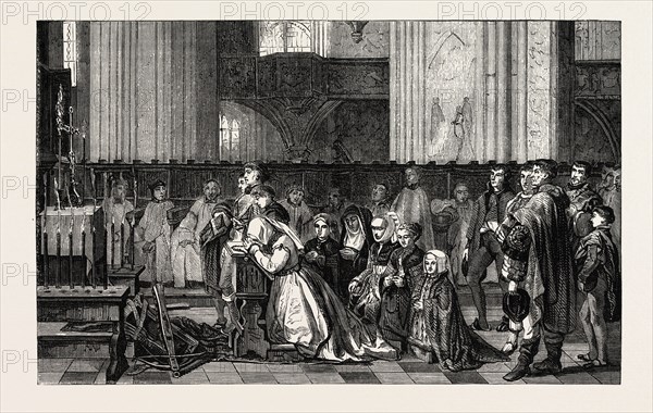 Salon of 1855. Belgian school. The trentaines de Bertal de Haze, painting by M. Leys. Engraving