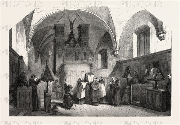 Monks of St. Francis singing a Te Deum, painting by Bosboom. engraving 1855