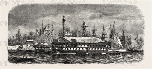 Pontoons, barrack for Russian prisoners injured in the port of Constantinople (Istanbul), 1855. Engraving