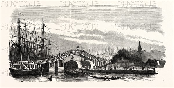 Passage of the steamer le Cygne under the Galata Bridge in Constantinople (Istanbul), 1855. Engraving