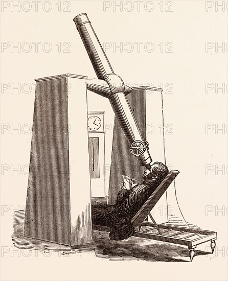 THE TRANSIT INSTRUMENT. IT CONSISTS OF AN ACHROMATIC TELESCOPE, TO WHICH IS FIRMLY FIXED A DOUBLY CONICAL AND HORIZONTAL AXIS, AT RIGHT ANGLES TO THE OPTICAL AXIS OF THE TELESCOPE