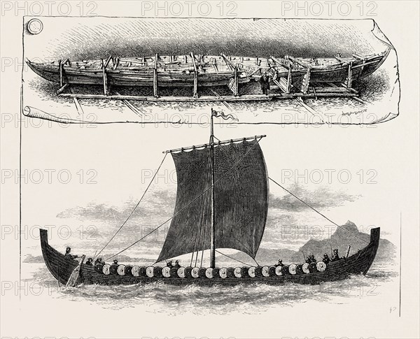 THE VIKING'S SHIP: THE VESSEL WHEN BROUGHT TO CHRISTIANIA; THE VESSEL AS SHE MUST HAVE LOOKED SAILING BEFORE THE WIND