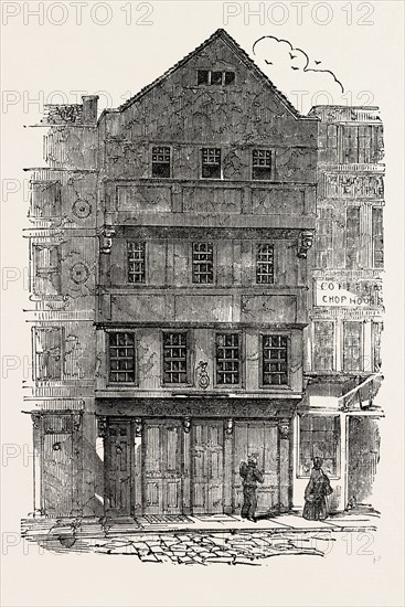 OLD HOUSES WITH OVERHANGING STORIES, GABLED FRONTS AND PROJECTING WINDOWS, IN CHANCEREY LANE, JUST TAKEN DOWN, LONDON, UK, 1853