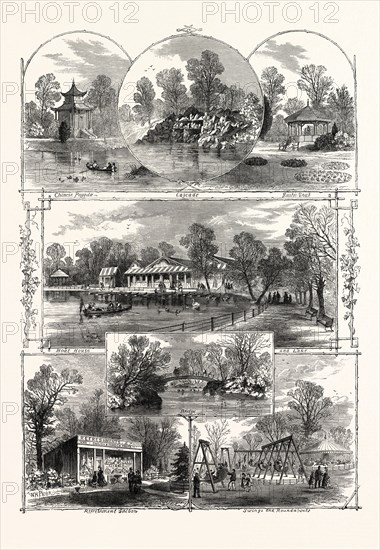 THE QUEEN'S VISIT TO VICTORIA PARK: VIEWS IN THE PARK, LONDON, UK, 1873. CHINESE PAGODA, CASCADE, RUSTIC SEAT, BOAT HOUSE AND LAKE, REFRESHMENT SALOON, SWINGS AND ROUNDABOUTS