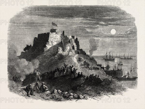 THE QUEEN'S VISIT TO JERSEY. MOONLIGHT VIEW OF MONT ORGEUIL CASTLE, WITH THE ROYAL SQUADRON LYING AT ANCHOR, 1859