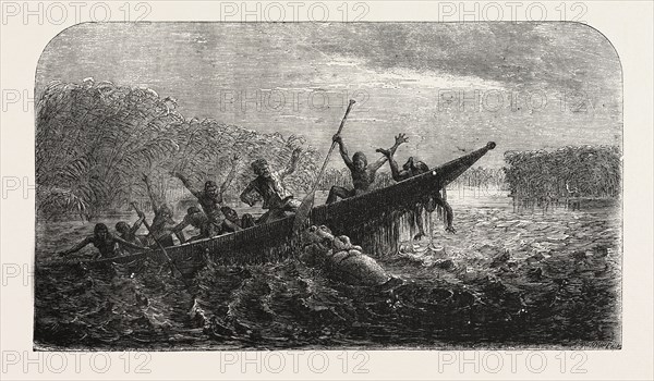 DR. LIVINGSTONE'S MISSIONARY TRAVELS AND RESEARCHERS IN SOUTH AFRICA: BOAT CAPSIZED BY A HIPPOPOTAMUS ROBBED OF HER YOUNG, 1857