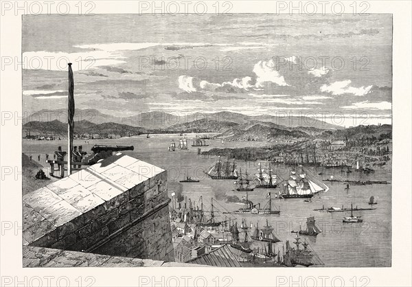 VIEW FROM THE KING'S BASTION, QUEBEC, THE ISLE OF ORLEANS IN THE DISTANCE. 1860