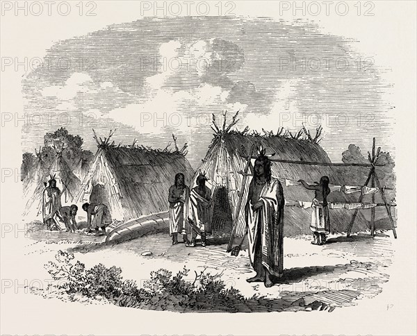 THE ASSINNIBOINE AND SASKATCHEWAN EXPLORING EXPEDITION: OJIBWAY ENCAMPMENT NEAR THE FALLS OF THE RAINY RIVER, 1858