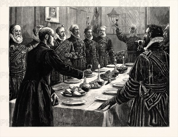 THE OPENING OF PARLIAMENT: YEOMEN OF HER MAJESTY'S BODYGUARD DRINKING THE QUEEN'S HEALTH AFTER SEARCHING THE BASEMENT OF THE HOUSES OF PARLIAMENT, LONDON, UK, 1883