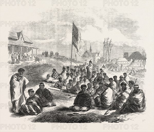 THE WAR IN NEW ZEALAND: SURRENDER OF THE TAURANGA NATIVES AT THE TE PAPA STATION, 1864